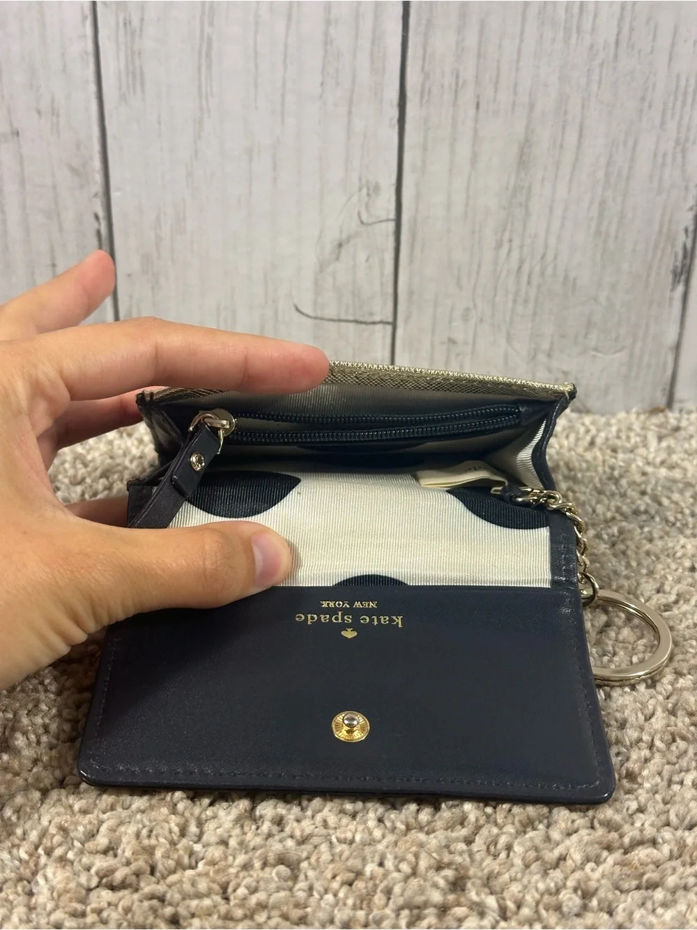 Kate Spade New York Champagne Trifold Wallet w/ Black Polka Dots